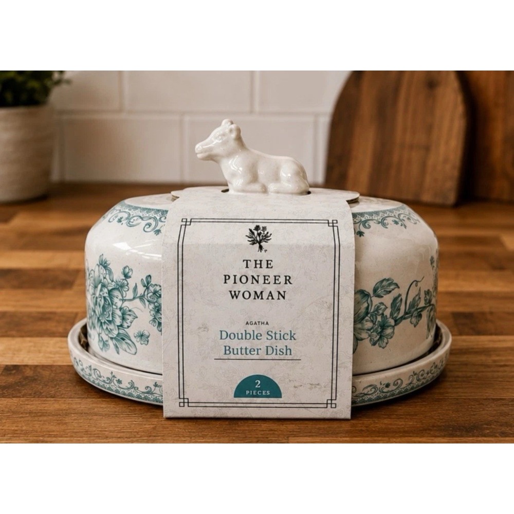 Pioneer Woman Agatha Cow Double Stick Butter Dish Floral Green White Stoneware